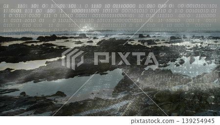 Displaying volcanic shoreline at low tide with tide pools reflecting seawater, binary code overlay 139254945