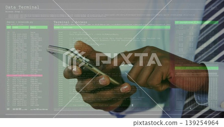 Professional wearing suit hands tapping smartphone in office, with data terminal interface overlay Professional wearing suit hands tapping smartphone in office, with data terminal interface overlay 139254964