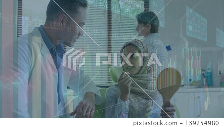 Examining patient wearing hijab while doctor leaning in clinic, with hand mirror and data charts Examining patient wearing hijab while doctor leaning in clinic, with hand mirror and data charts 139254980