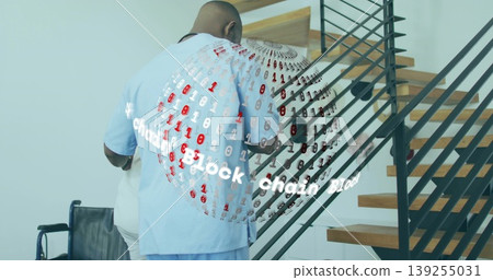 Assisting scrub-clad nurse guiding patient up wooden stairs in corridor, with block chain hologram Assisting scrub-clad nurse guiding patient up wooden stairs in corridor, with block chain hologram 139255031
