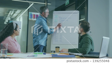 Sketching presenter drawing bullet points on flip chart in glass-walled meeting room, with markers Sketching presenter drawing bullet points on flip chart in glass-walled meeting room, with markers 139255048