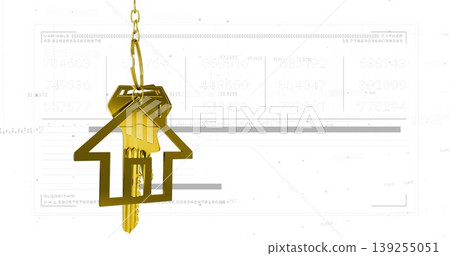 Suspending brass key on gold house-shaped keyring and chain in studio, with grey digital data 139255051