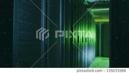 Lighting narrow rack aisle with green LEDs, vented cabinets, raised floor tiles, cable trays Lighting narrow rack aisle with green LEDs, vented cabinets, raised floor tiles, cable trays 139255066