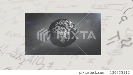 Rotating mechanical gear globe floating in abstract lab environment, with chemical formula doodles Rotating mechanical gear globe floating in abstract lab environment, with chemical formula doodles 139255112