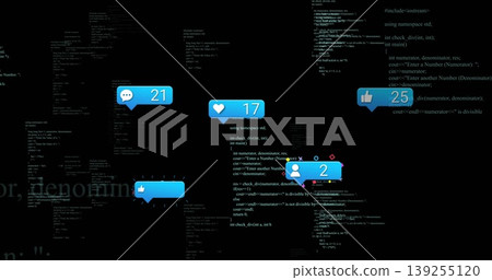 Five blue social media notification bubbles floating in code editor, with programming theme Five blue social media notification bubbles floating in code editor, with programming theme 139255120