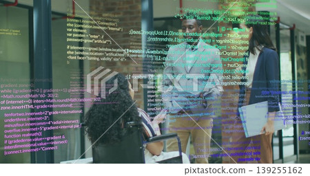 Collaborating team in blazers projecting code snippets in office hallway with laptop and wheelchair Collaborating team in blazers projecting code snippets in office hallway with laptop and wheelchair 139255162