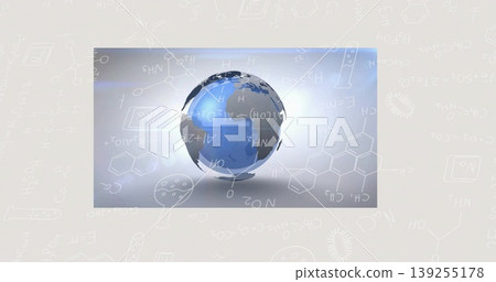 Floating glossy blue glass globe rotating in soft grey gradient backdrop, with chemical sketches 139255178
