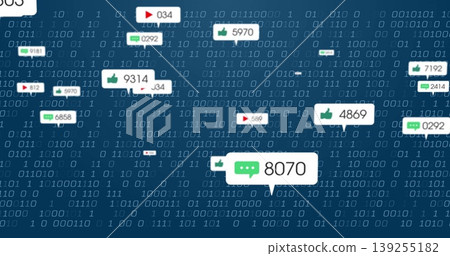 Floating notification bubble showing green chat icon 8070 in tech interface, binary backdrop 139255182