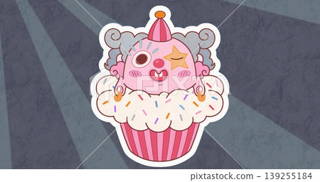 Posing cartoon cupcake with clown face on stage backdrop, with sprinkles, party hat and eye patch Posing cartoon cupcake with clown face on stage backdrop, with sprinkles, party hat and eye patch 139255184