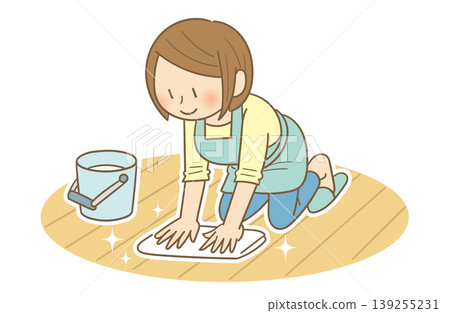 A young woman smiling while mopping the floor - an image of floor cleaning and housework. 139255231