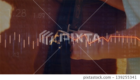 Tightening right hand fastening saddle girth strap on horse flank at stable with digital line graph Tightening right hand fastening saddle girth strap on horse flank at stable with digital line graph 139255341