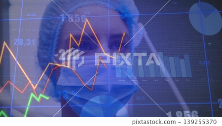 Displaying clinician wearing surgical cap and mask monitoring data in lab, with digital charts Displaying clinician wearing surgical cap and mask monitoring data in lab, with digital charts 139255370