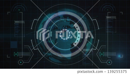 Displaying circular HUD in virtual control panel, highlighting concentric rings, world map mesh Displaying circular HUD in virtual control panel, highlighting concentric rings, world map mesh 139255375