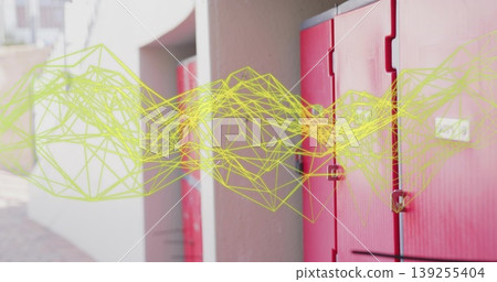 Floating yellow wireframe mesh hovering across school corridor with red lockers casting reflections Floating yellow wireframe mesh hovering across school corridor with red lockers casting reflections 139255404