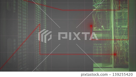 Displaying server racks with patch cables in data center aisle, red overlay lines, copy space Displaying server racks with patch cables in data center aisle, red overlay lines, copy space 139255420