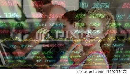 Jogging friends running on treadmills in fitness center, with stock ticker overlay, copy space Jogging friends running on treadmills in fitness center, with stock ticker overlay, copy space 139255472
