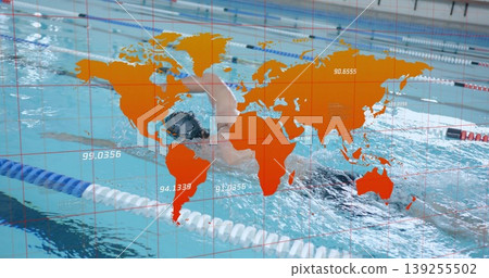 Crawling swimmer wearing goggles cap in pool lane with dividers, world map overlay with data labels 139255502