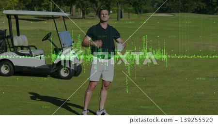 Gesturing male golfer in golf attire on fairway, with white golf cart and green waveform overlay Gesturing male golfer in golf attire on fairway, with white golf cart and green waveform overlay 139255520