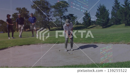 Swinging mature woman preparing shot in sand bunker on manicured course, with golf ball and clubs Swinging mature woman preparing shot in sand bunker on manicured course, with golf ball and clubs 139255522