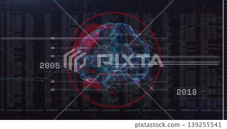 Displaying holographic brain model floating in digital grid with timeline 2005-2018 and red scanner Displaying holographic brain model floating in digital grid with timeline 2005-2018 and red scanner 139255541