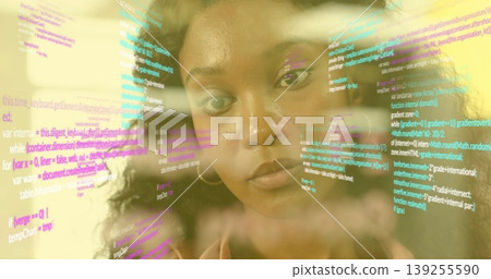 Analyzing software developer reviewing transparent display in tech office, with multicolored code Analyzing software developer reviewing transparent display in tech office, with multicolored code 139255590