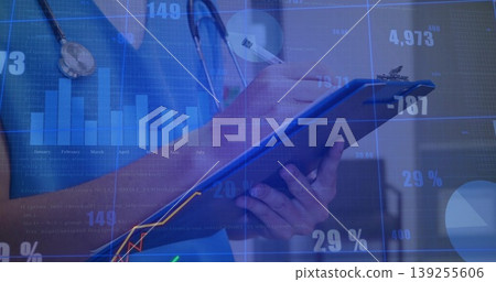 Nurse wearing scrubs with stethoscope, writing on clipboard with pen in hospital, data overlays 139255606