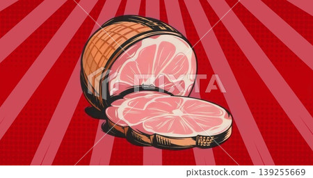 Displaying grapefruit half and slice in pop-art style, featuring bold pink pulp and black outlines Displaying grapefruit half and slice in pop-art style, featuring bold pink pulp and black outlines 139255669