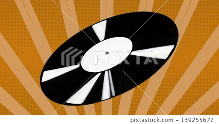 Floating single black vinyl record in abstract design, with white center label and orange stripes Floating single black vinyl record in abstract design, with white center label and orange stripes 139255672
