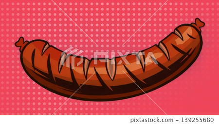 Showcasing stylized grilled sausage arching on red dotted backdrop, pop art comic style Showcasing stylized grilled sausage arching on red dotted backdrop, pop art comic style 139255680