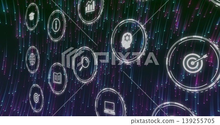 Glowing circular head-silhouette icon hovering in neon data network, with circular concept icons Glowing circular head-silhouette icon hovering in neon data network, with circular concept icons 139255705