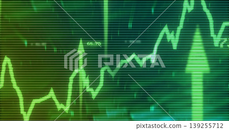 Displaying green line graph rising on virtual terminal screen, with grid lines and arrow markers Displaying green line graph rising on virtual terminal screen, with grid lines and arrow markers 139255712