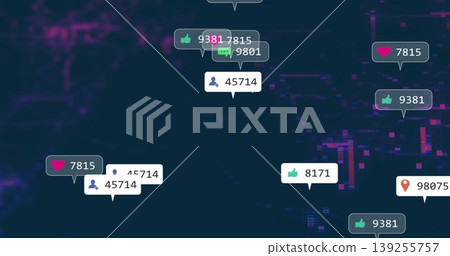 Displaying glitchy pixel grid with floating thumbs-up heart chat follower and pin icons analytics Displaying glitchy pixel grid with floating thumbs-up heart chat follower and pin icons analytics 139255757