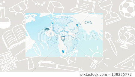 Displaying central light blue world map on beige backdrop, with doodle and connectivity icons Displaying central light blue world map on beige backdrop, with doodle and connectivity icons 139255772