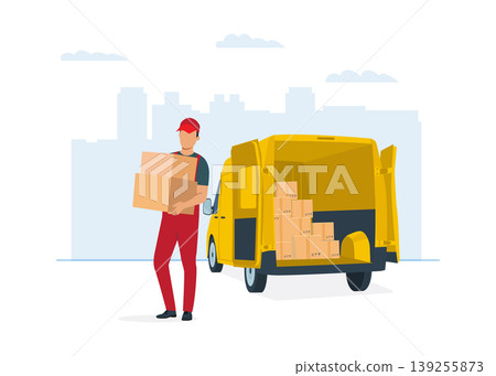 Courier Delivering Packages from Yellow Van in City stock illustration. Courier Delivering Packages from Yellow Van in City stock illustration. 139255873