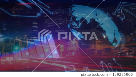 Glowing Western Hemisphere map overlaying street at night, with bar chart, light trails, copy space Glowing Western Hemisphere map overlaying street at night, with bar chart, light trails, copy space 139255906