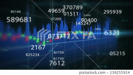 Displaying blue screen featuring glowing candlestick bars and blue line graph, with numeric labels Displaying blue screen featuring glowing candlestick bars and blue line graph, with numeric labels 139255914
