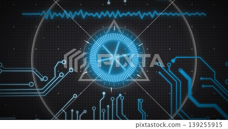 Displaying central HUD element over grid backdrop with triangle frame, waveform and circuit traces Displaying central HUD element over grid backdrop with triangle frame, waveform and circuit traces 139255915