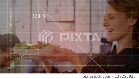 Chef wearing black jacket presenting salad plate at counter, with grid overlay 120 Chef wearing black jacket presenting salad plate at counter, with grid overlay 120 139255925
