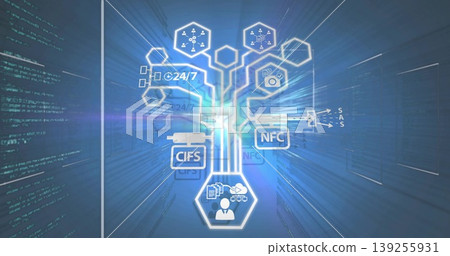 Displaying data tree in server room, with CIFS or NFC or 24 or 7 icons, profile icon, code, rack out 139255931