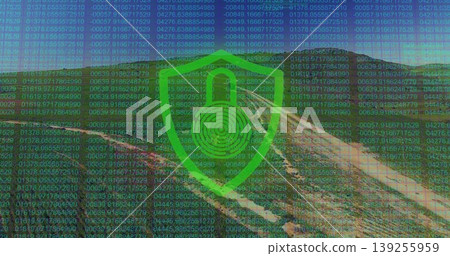 Floating green shield icon with padlock and fingerprint above valley slopes, with code columns 139255959