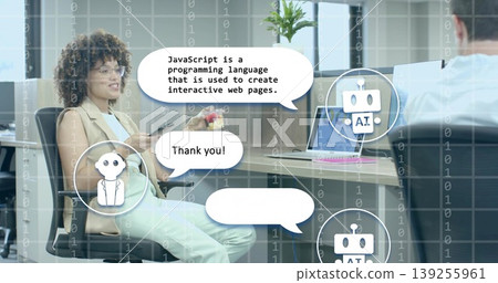 Woman holding smartphone and eating apple in office, with binary digits, speech bubbles, copy space 139255961