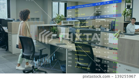 Standing employee in blouse examining digital stock market display at corporate office, copy space Standing employee in blouse examining digital stock market display at corporate office, copy space 139255967