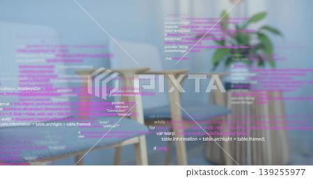 Displaying wooden chair with woven seat on left in lounge, round table, green plant, code overlay Displaying wooden chair with woven seat on left in lounge, round table, green plant, code overlay 139255977