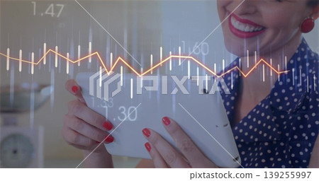 Examining woman wearing blue polka dot blouse holding tablet at desk, with financial chart overlay Examining woman wearing blue polka dot blouse holding tablet at desk, with financial chart overlay 139255997