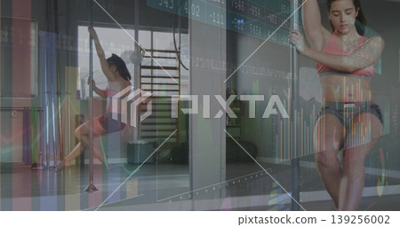 Spinning dancer wearing pink sports bra, shorts on pole in fitness studio, with stock chart overlay Spinning dancer wearing pink sports bra, shorts on pole in fitness studio, with stock chart overlay 139256002
