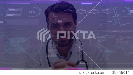 Analyzing doctor wearing stethoscope, lab coat observing holographic map, DNA data gauges in lab Analyzing doctor wearing stethoscope, lab coat observing holographic map, DNA data gauges in lab 139256015