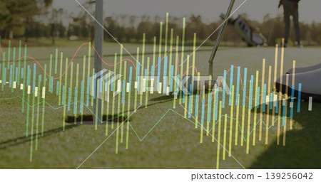 Rolling golf ball entering hole on putting green in sunlight, showing flagstick and chart overlay Rolling golf ball entering hole on putting green in sunlight, showing flagstick and chart overlay 139256042