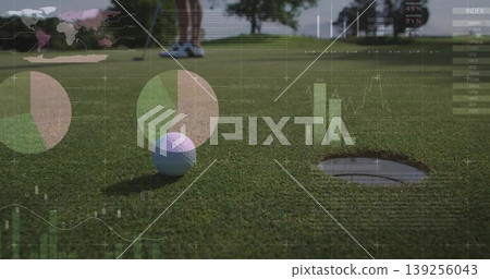 Golfer wearing shorts lining up putt at white ball on green, with digital data overlay Golfer wearing shorts lining up putt at white ball on green, with digital data overlay 139256043