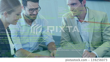 Three developers in business casual reviewing code in office, with laptop and code projection Three developers in business casual reviewing code in office, with laptop and code projection 139256073