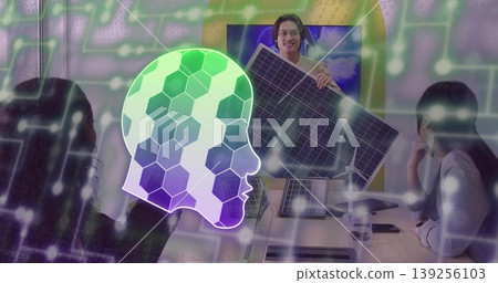 Presenting engineer holding solar panel, team listening in conference room, with wind turbine Presenting engineer holding solar panel, team listening in conference room, with wind turbine 139256103